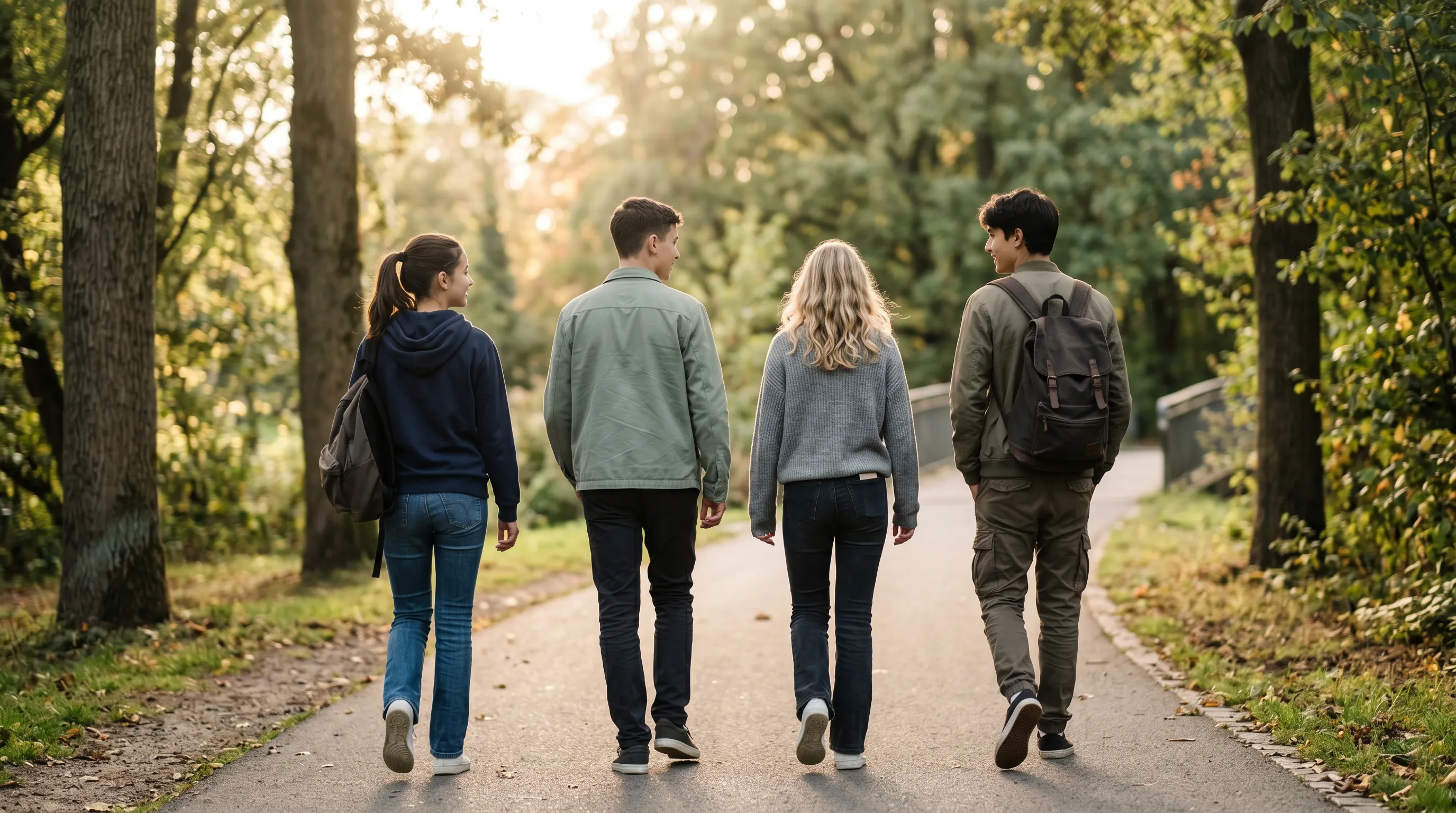 Symbolische Illustration: junge Menschen auf einem gemeinsamen Weg in einer grünen Umgebung